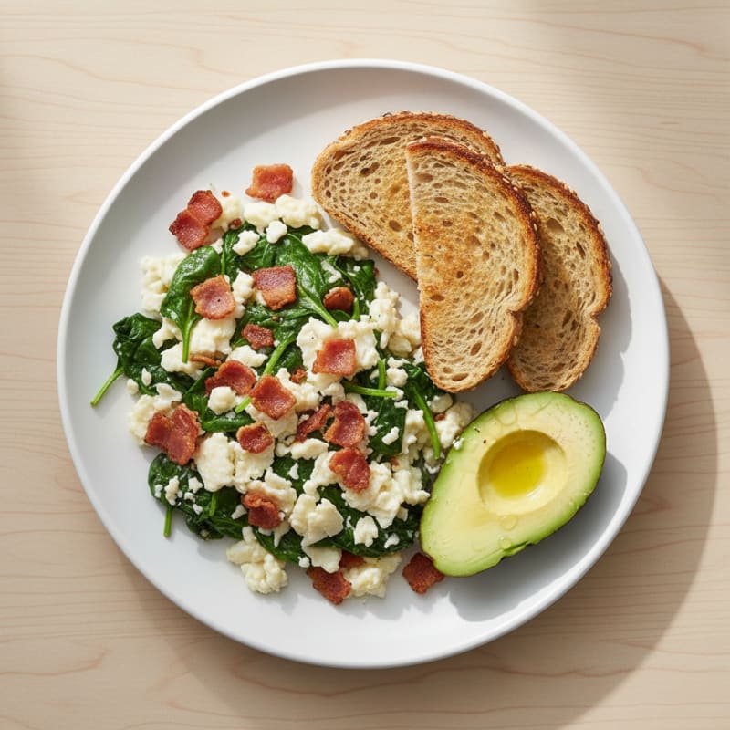Crispy Turkey Bacon Egg White Scramble with Spinach
