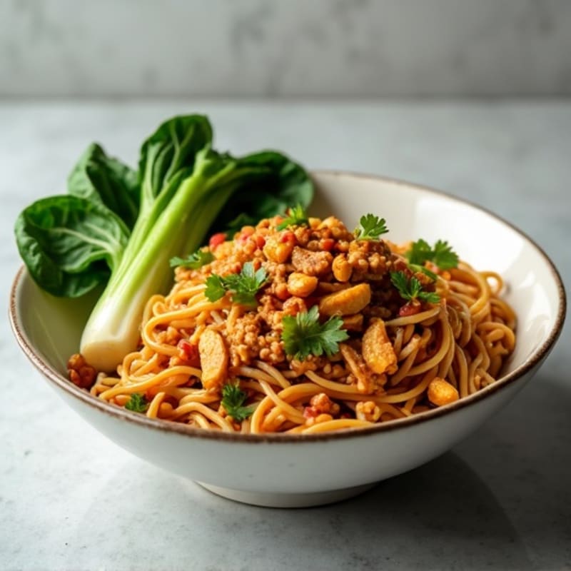 Spicy Peanut Ground Chicken Noodles with Crispy Bok Choy