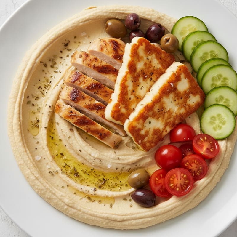 Hummus Platter with Grilled Halloumi and Olives