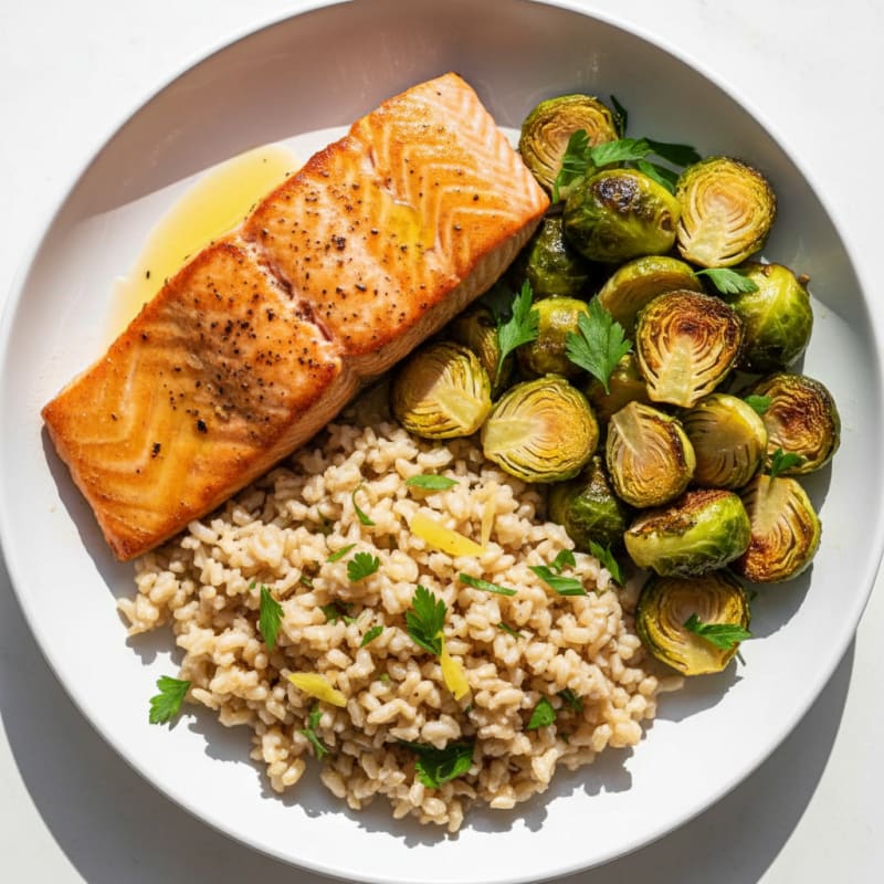 Seared Salmon Fillet with Roasted Brussels Sprouts and Herbed Brown Rice