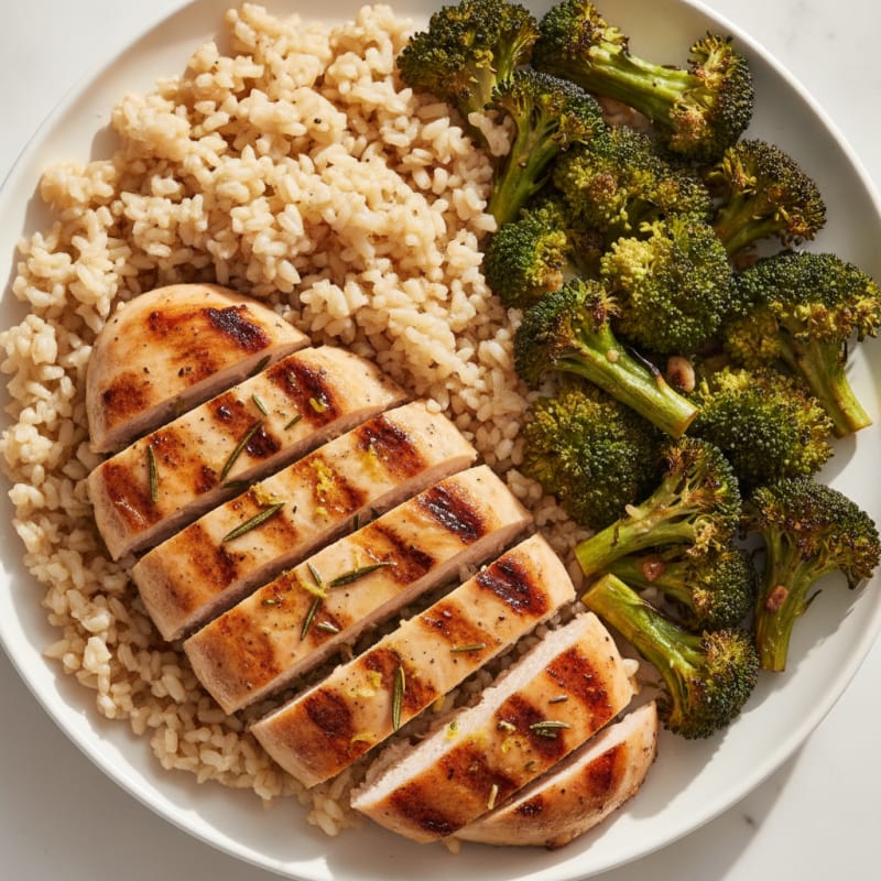 Grilled Herb-Marinated Chicken Breast with Roasted Broccoli and Brown Rice