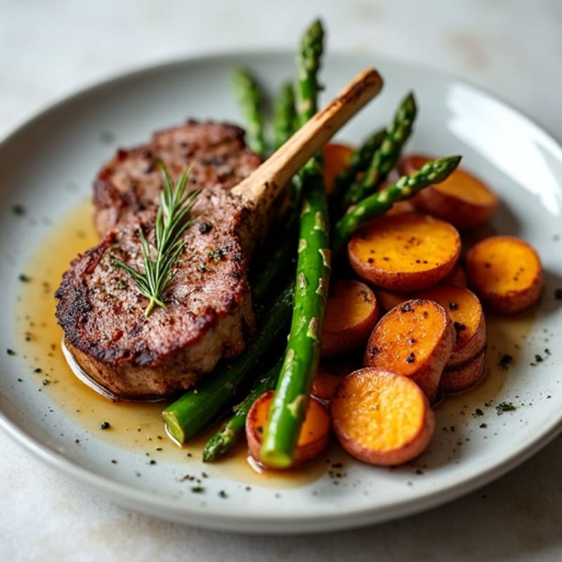 Herb-Crusted Lamb Chops with Roasted Asparagus and Crispy Sweet Potatoes