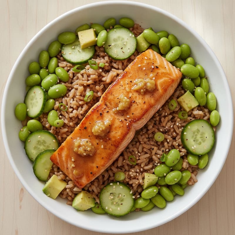 Teriyaki Salmon Rice Bowl with Edamame