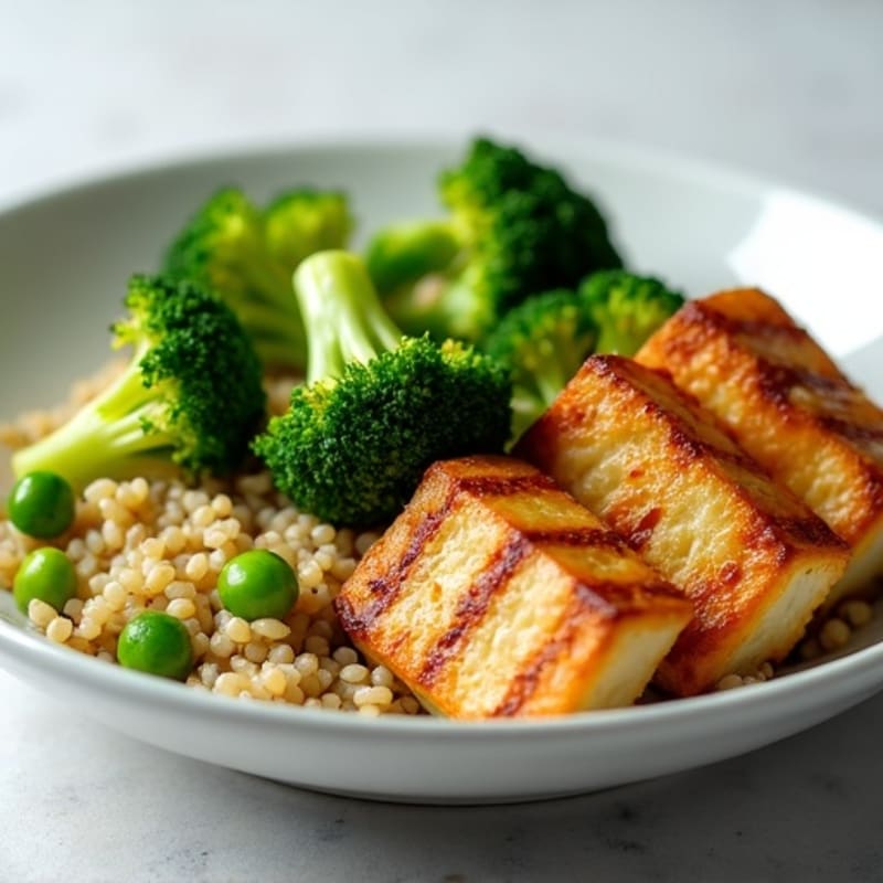 Seared Tofu with Roasted Broccoli, Quinoa & Edamame