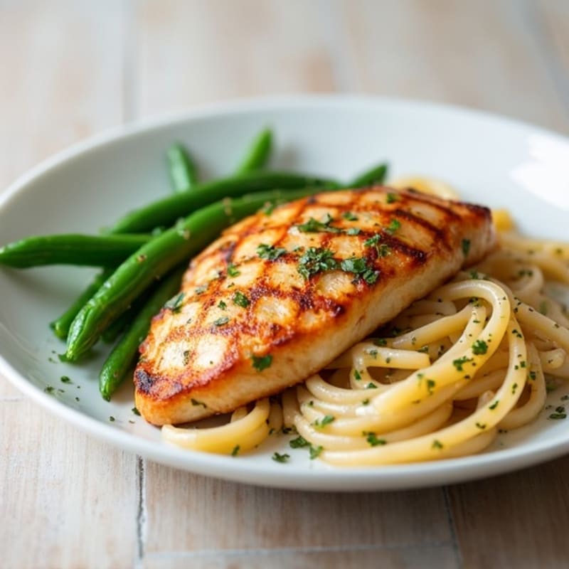 Seared Chicken Breast with Garlic Pasta and Steamed Green Beans