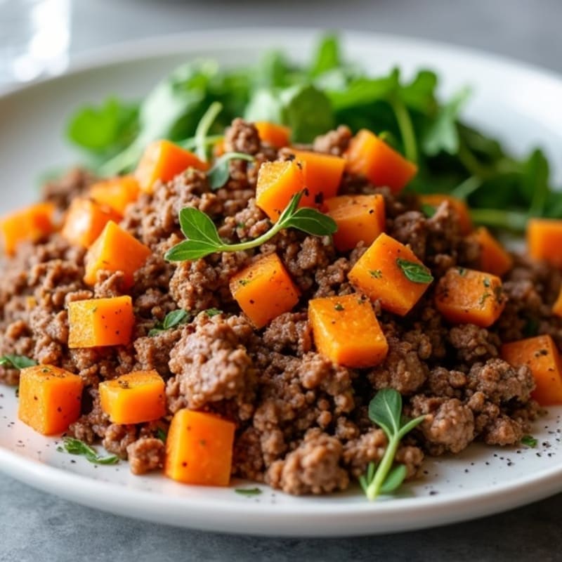 Lean Ground Beef and Shredded Chicken Skillet with Roasted Sweet Potatoes and Fresh Arugula