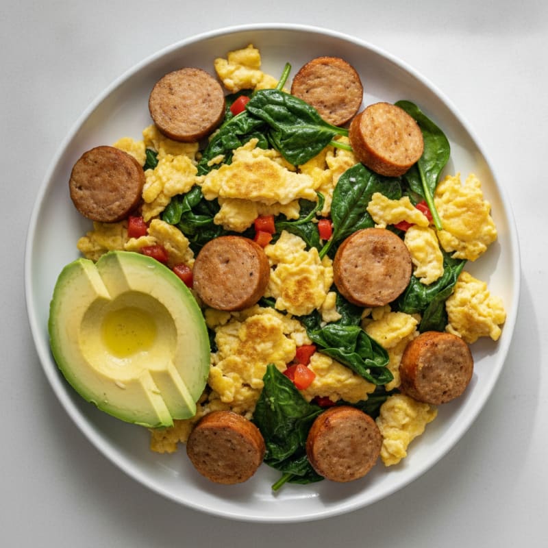 Scrambled Eggs with Sautéed Spinach and Chicken Sausage