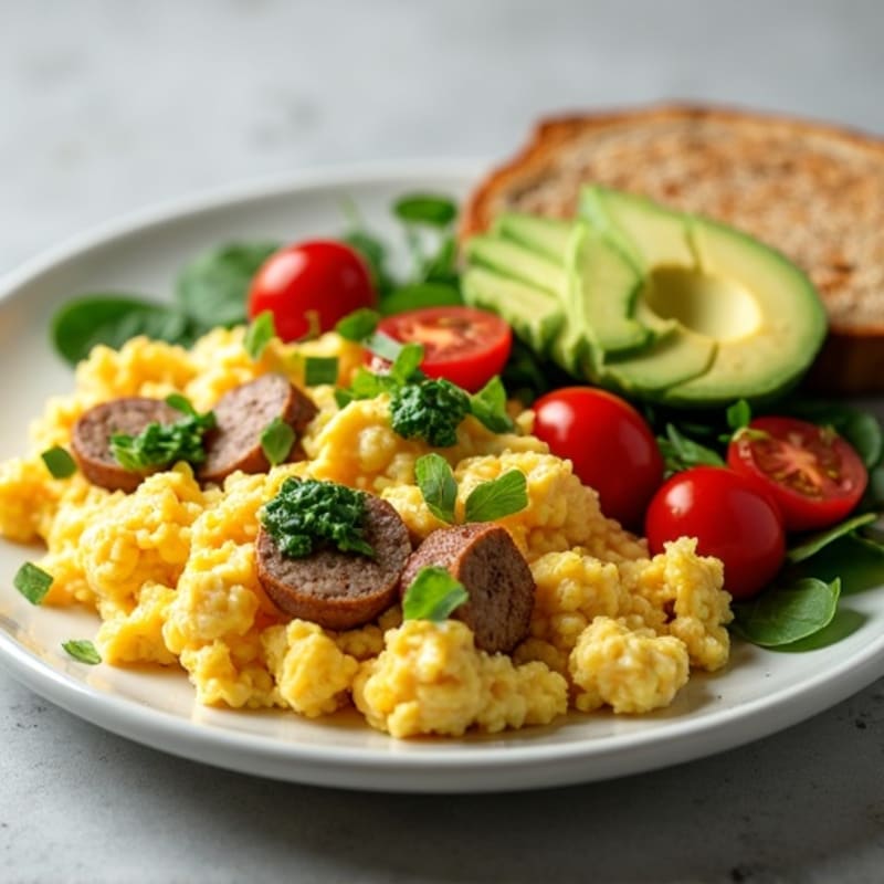 Egg White and Turkey Sausage Scramble with Spinach, Tomatoes, Toast & Avocado