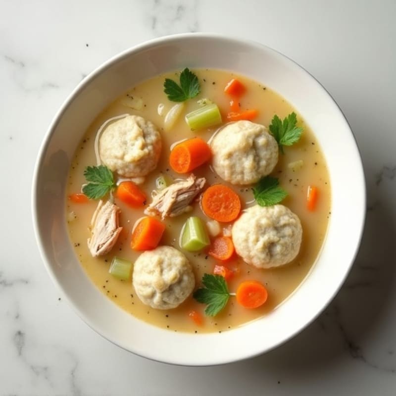 Creamy Chicken and Vegetable Soup with Fluffy Herb Dumplings