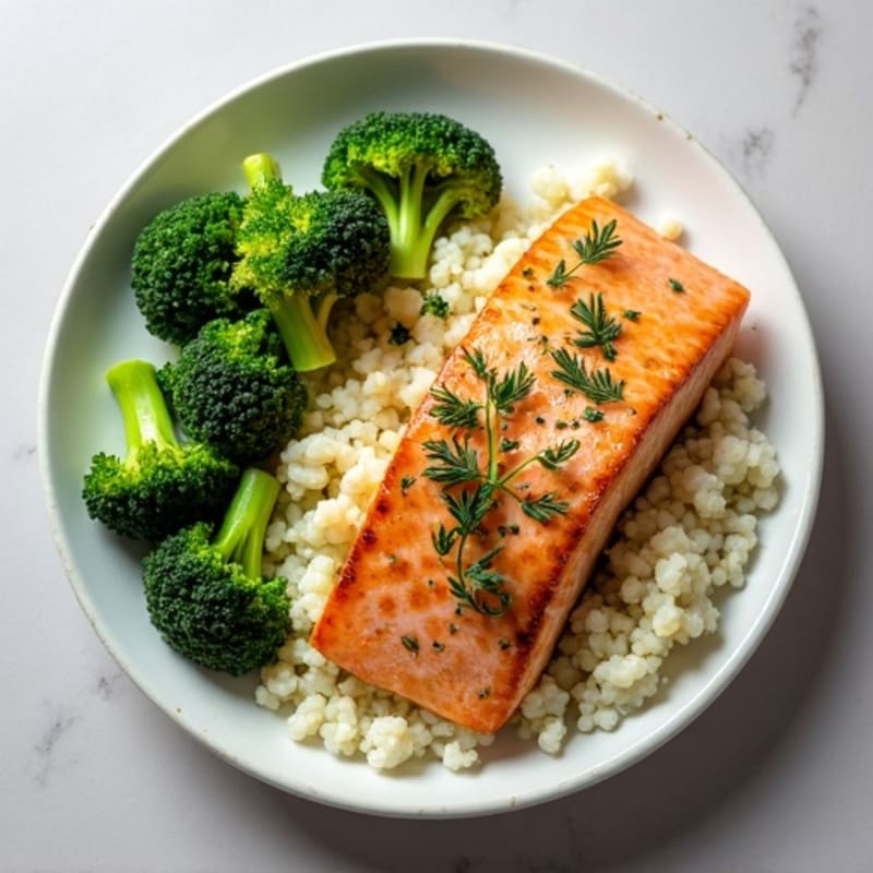 Seared Salmon with Steamed Broccoli and Herbed Cauliflower Rice