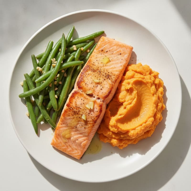 Seared Salmon Fillet with Garlic Green Beans and Sweet Potato Mash