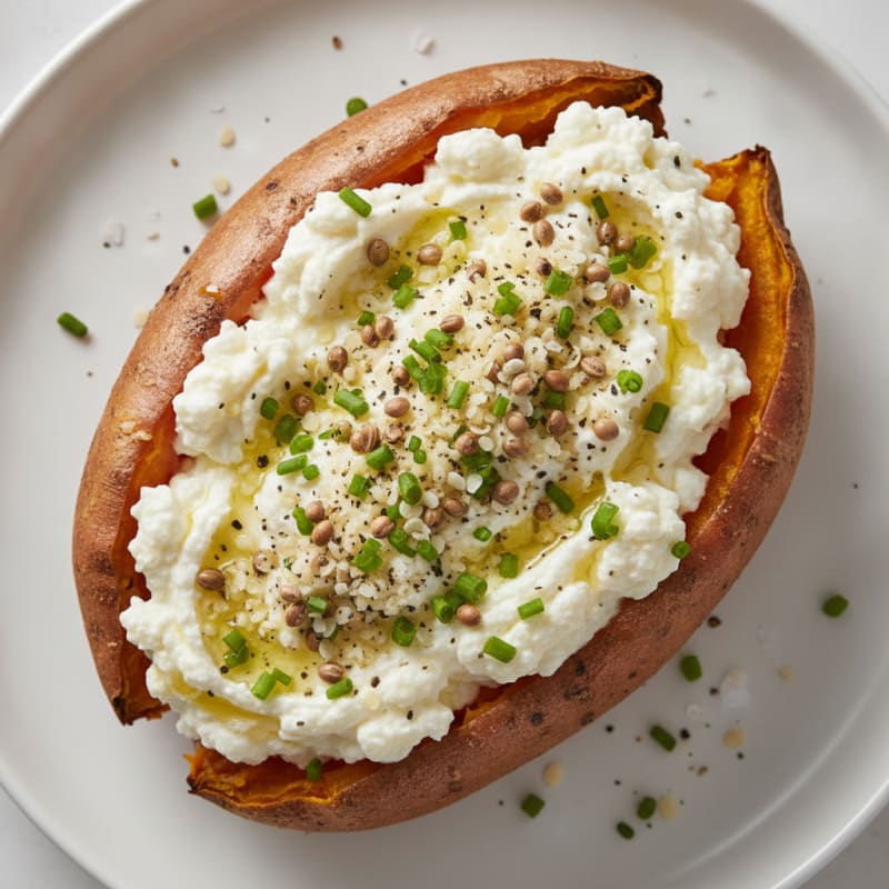 Baked Sweet Potato with Whipped Cottage Cheese