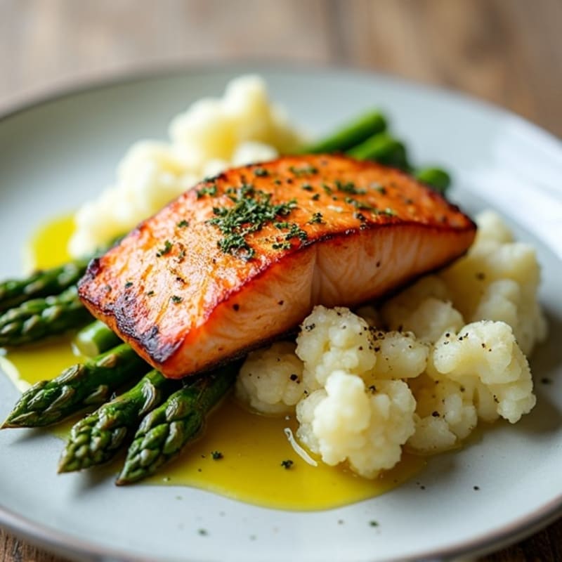 Seared Salmon with Steamed Asparagus and Cauliflower Mash