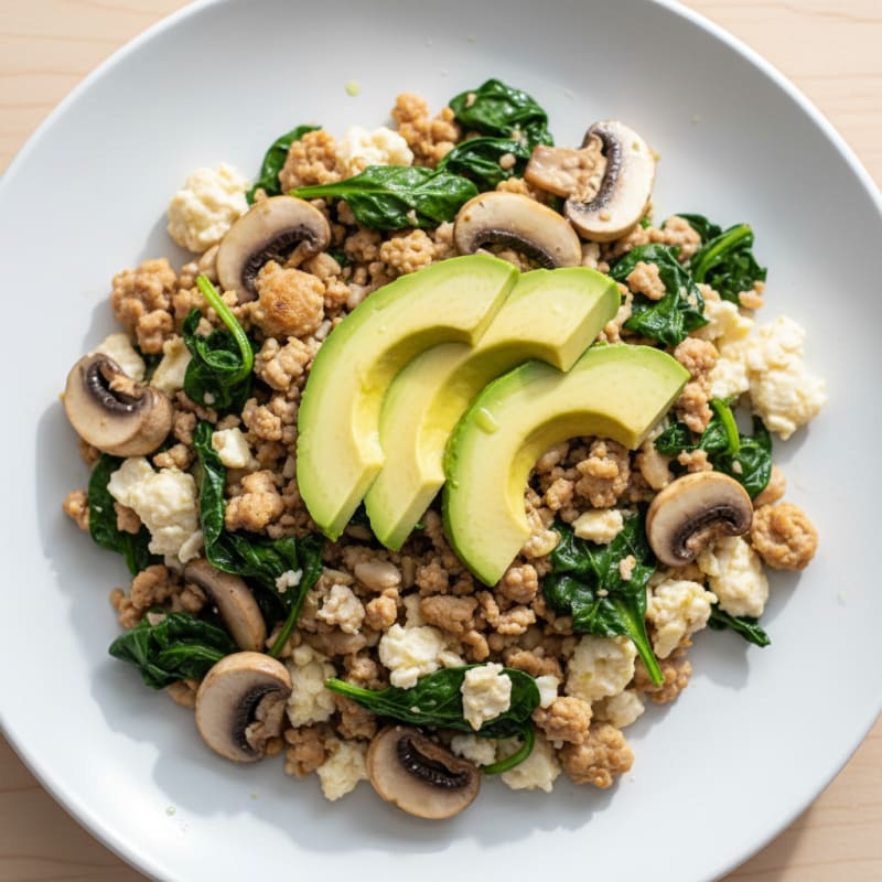 Egg White and Turkey Spinach Scramble with Sautéed Mushrooms