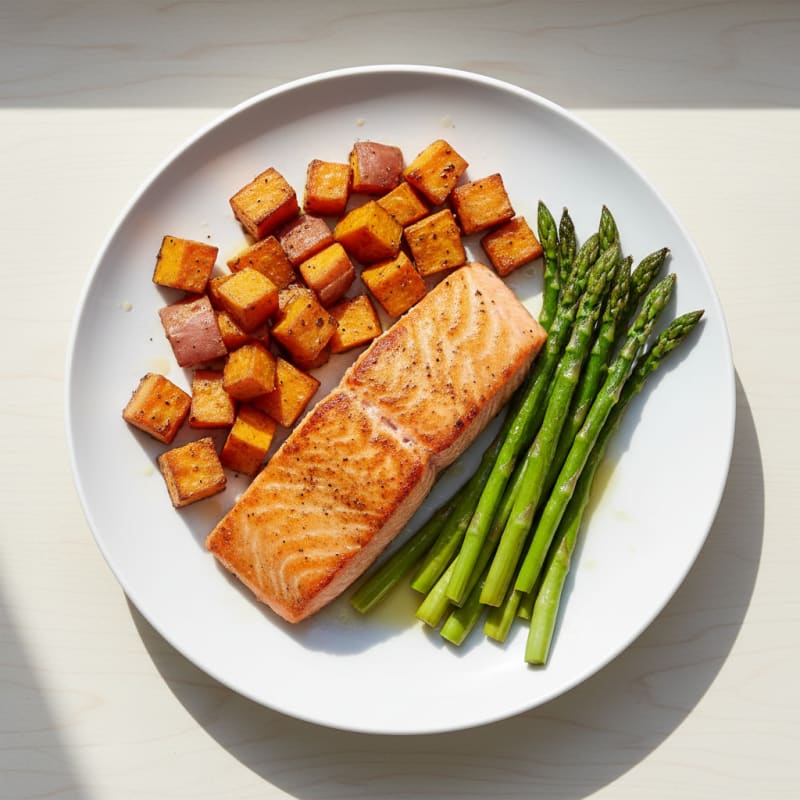 Seared Salmon with Roasted Sweet Potato and Asparagus