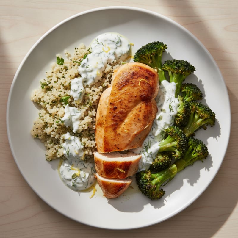 Roasted Chicken Breast with Steamed Broccoli and Quinoa