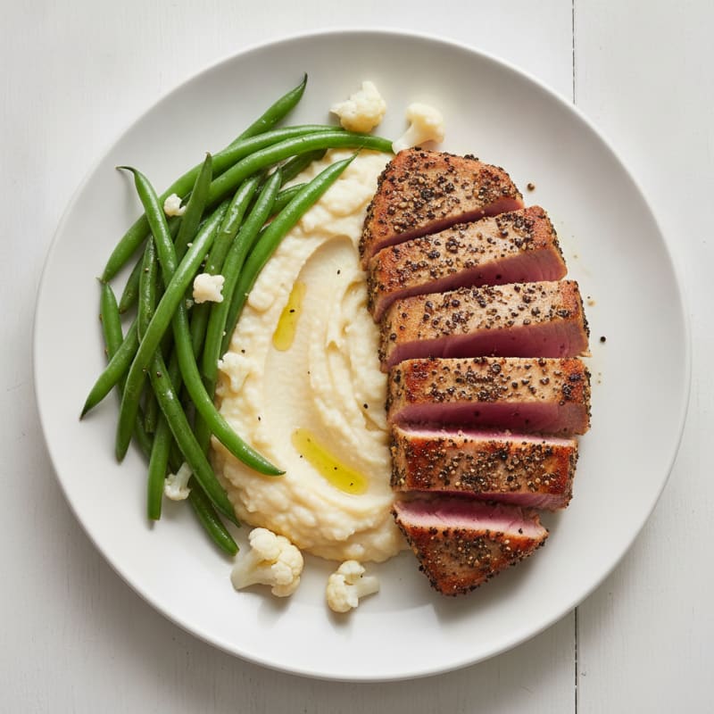 Seared Tuna Steak with Steamed Green Beans and Cauliflower Mash
