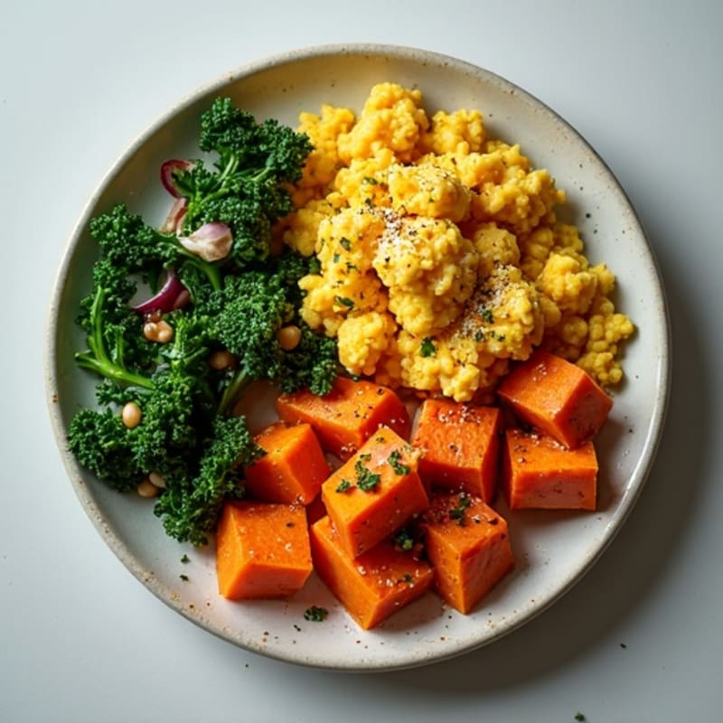 Fluffy Tofu Scramble with Roasted Sweet Potatoes and Kale
