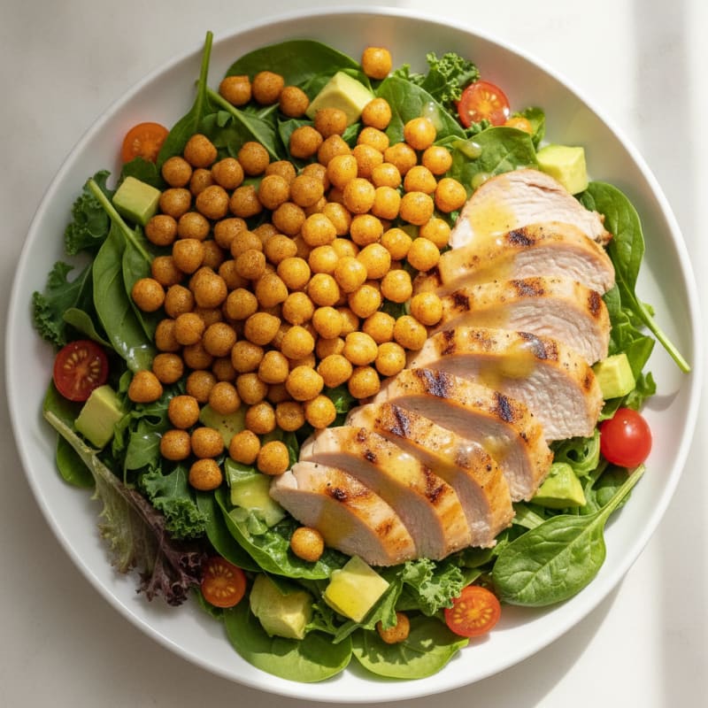 Grilled Turkey Breast Salad with Roasted Chickpeas and Mixed Greens