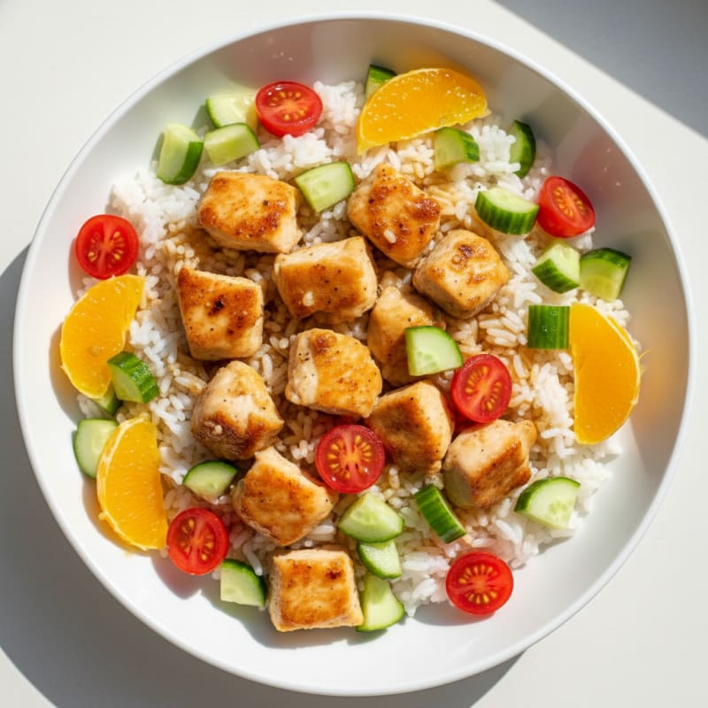 Stovetop Chicken and Vegetable Rice Bowl with Orange Slices