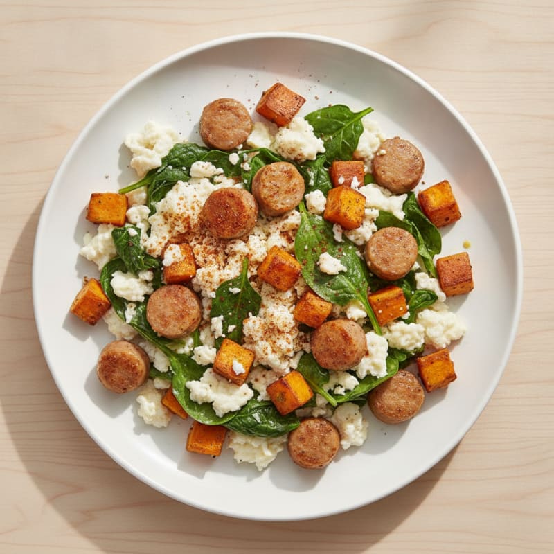 Egg White and Turkey Sausage Scramble with Spinach and Sweet Potato