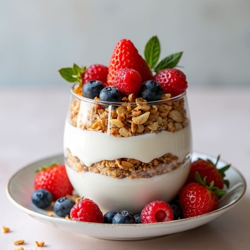 Greek Yogurt Parfait with Crunchy Almond Granola and Fresh Berries