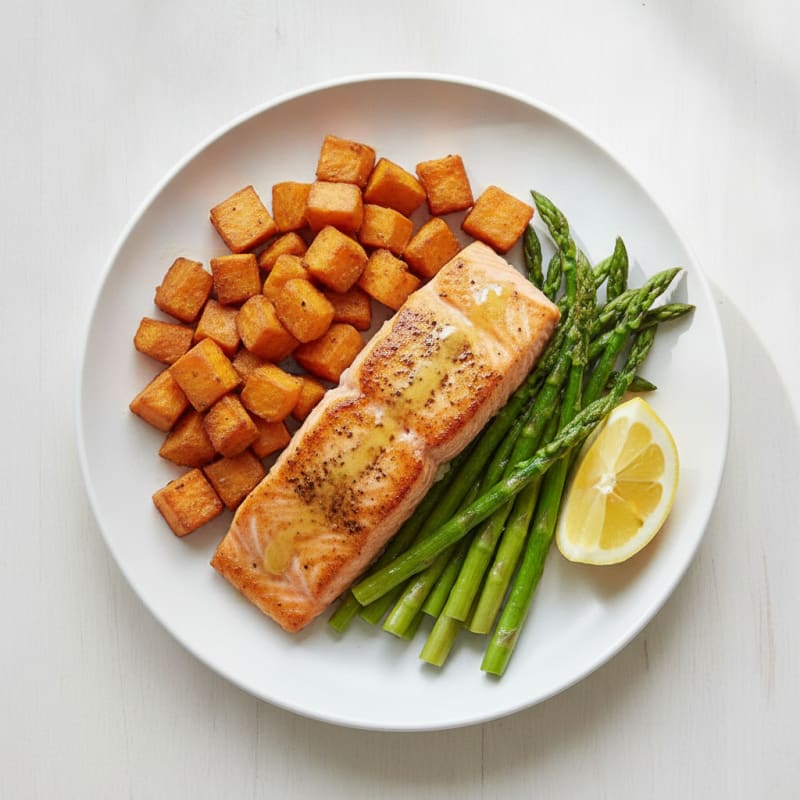 Seared Salmon with Roasted Sweet Potato and Asparagus