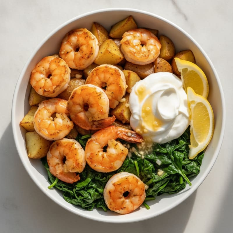 Seared English Potato and Shrimp Bowl with Sautéed Spinach