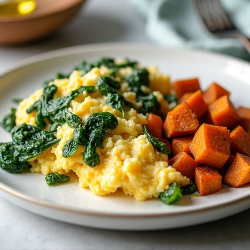 Cottage Cheese Egg Scramble with Sautéed Spinach and Roasted Sweet Potatoes