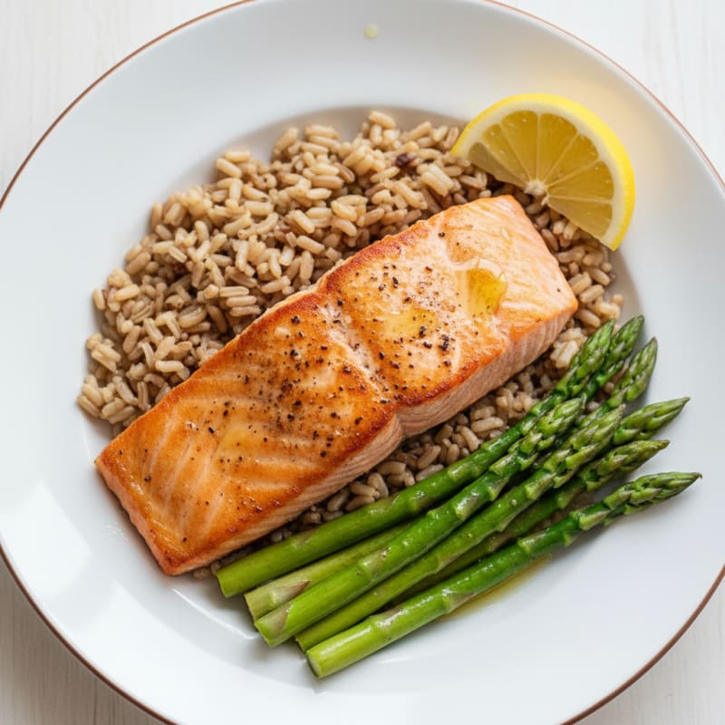 Seared Salmon Fillet with Steamed Asparagus and Brown Rice