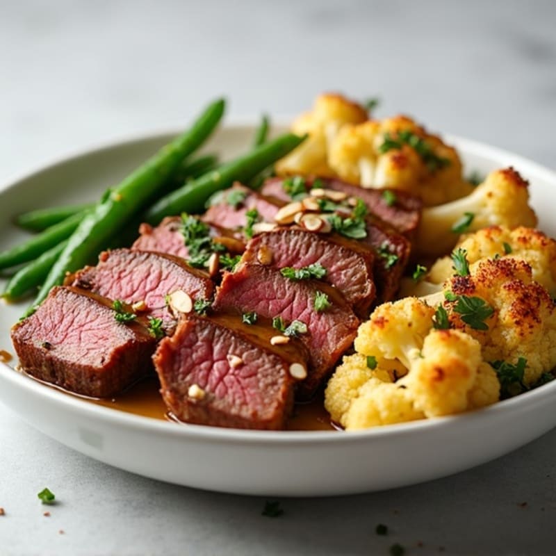 Seared Lean Beef Strips with Roasted Cauliflower and Green Beans