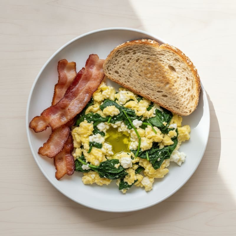 Cottage Cheese Egg Scramble with Spinach and Turkey Bacon
