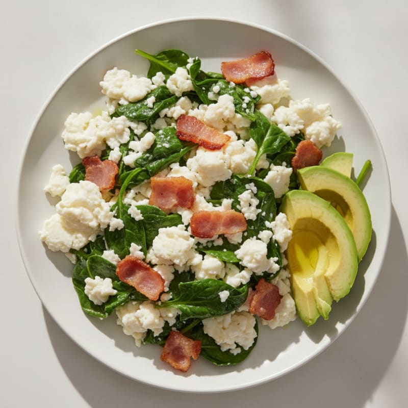 Crispy Turkey Bacon and Egg White Scramble with Sautéed Spinach