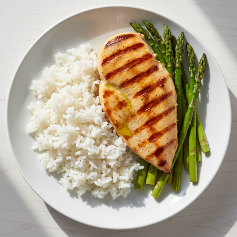 Grilled Chicken Breast with Steamed Rice and Asparagus