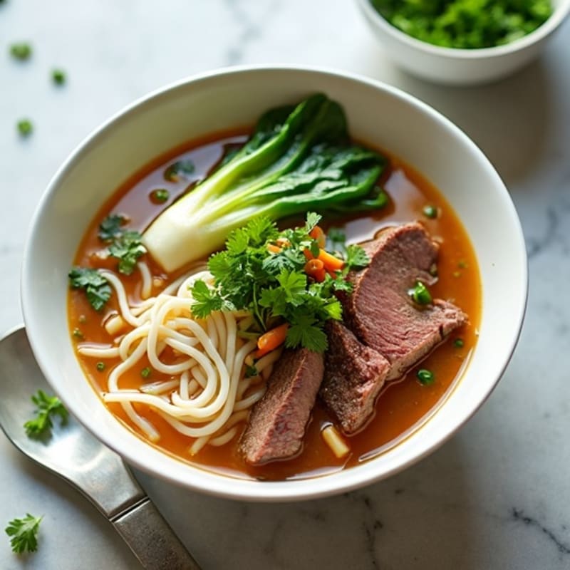 Lean Beef and Rice Noodle Soup with Ginger-Garlic Broth and Fresh Herbs