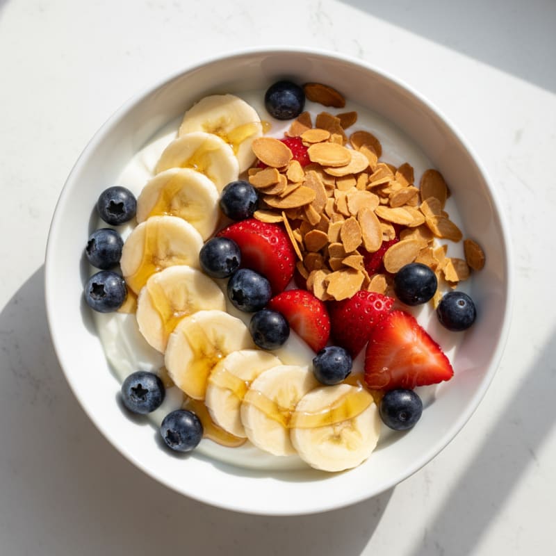 Greek Yogurt Bowl with Banana, Berries, and Toasted Almonds