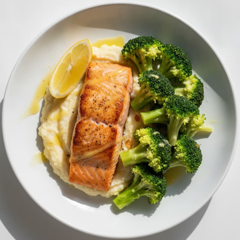 Seared Salmon with Steamed Broccoli and Cauliflower Mash