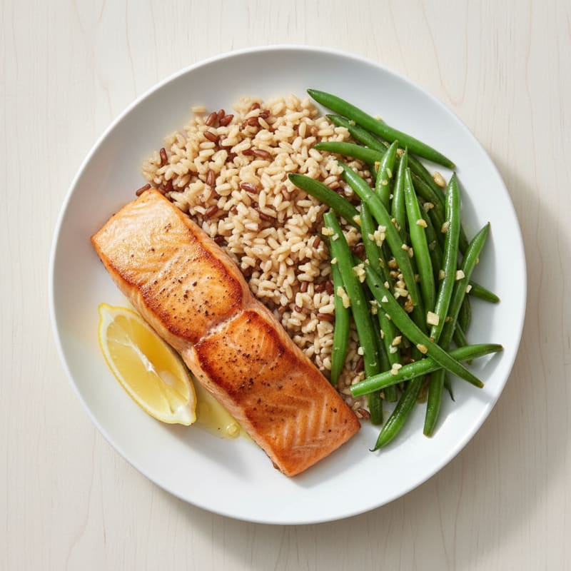 Pan-Seared Salmon with Garlic Green Beans and Brown Rice