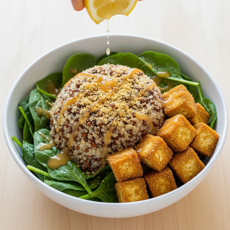 Lentil and Quinoa Power Bowl with Roasted Tofu and Spinach