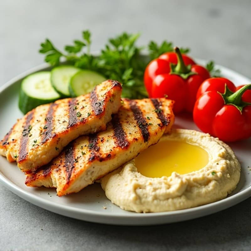 Creamy Lemon Hummus Platter with Grilled Herb Chicken and Fresh Crispy Vegetables