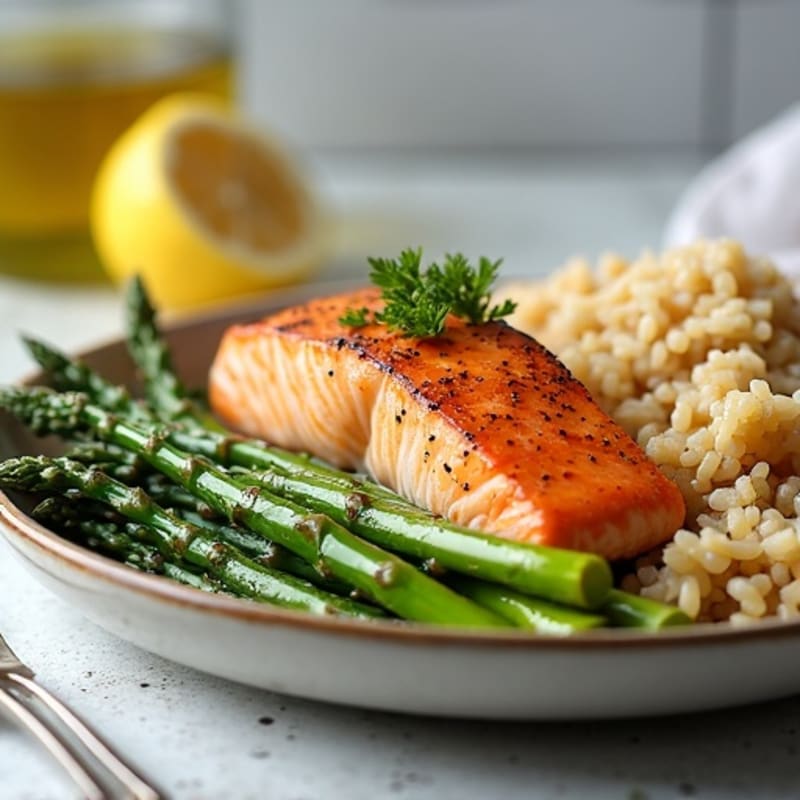 Seared Salmon Fillet with Steamed Asparagus and Brown Rice
