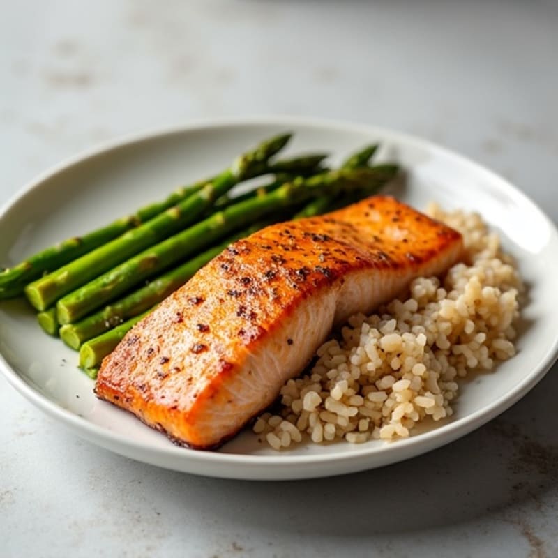 Seared Salmon with Steamed Asparagus and Brown Rice
