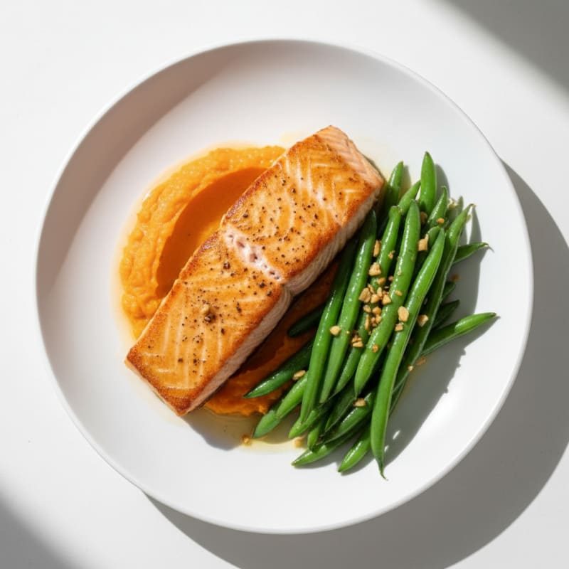 Seared Salmon with Garlic Green Beans and Sweet Potato Mash