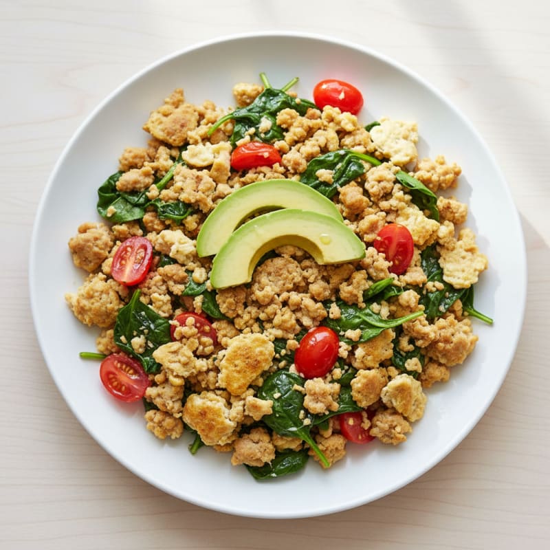 Egg White and Turkey Sausage Scramble with Spinach and Tomatoes