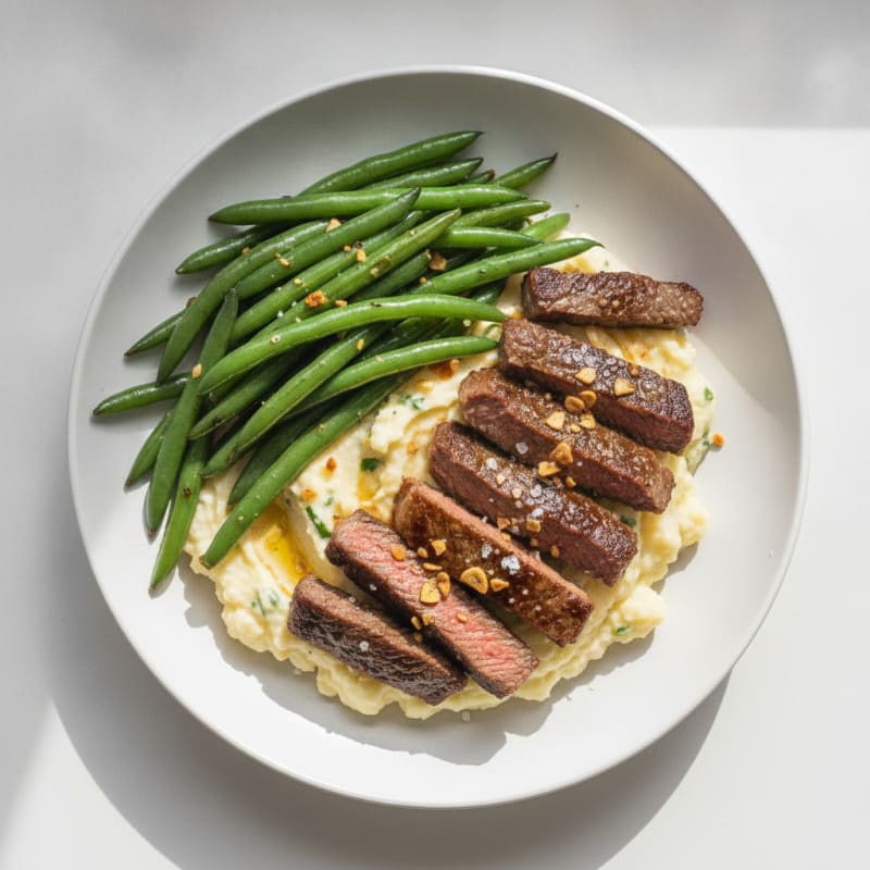 Seared Lean Beef Strips with Garlic Green Beans and Cauliflower Mash