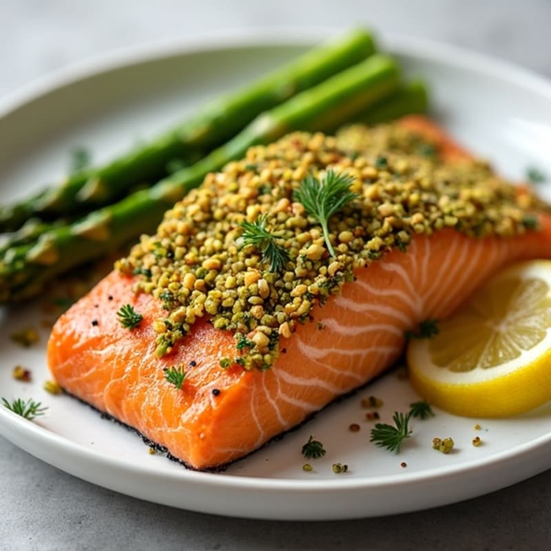 Crispy Pistachio-Herb Crusted Salmon with Roasted Asparagus