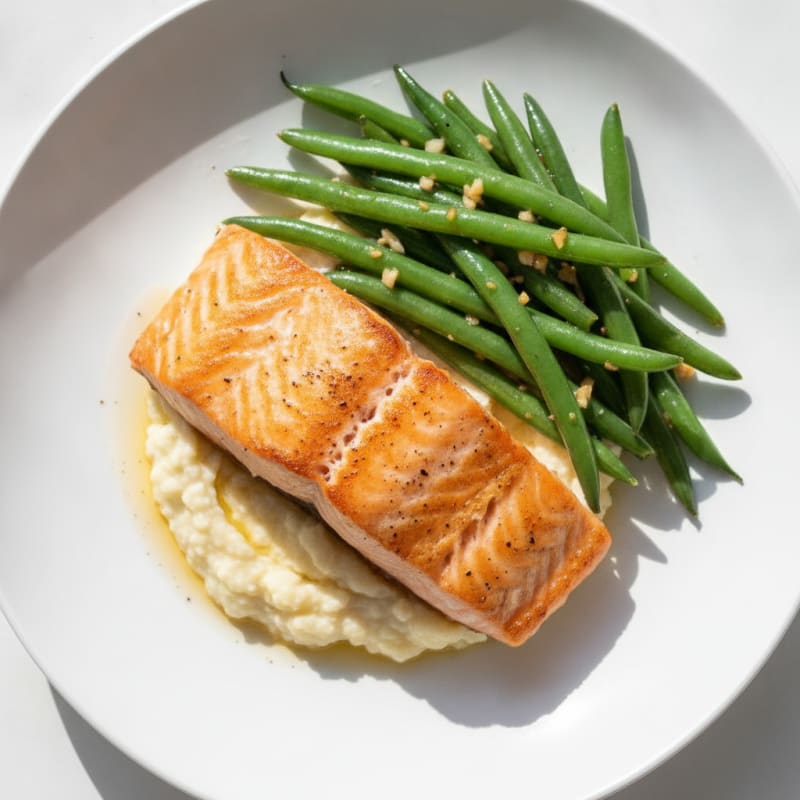 Seared Salmon Filet with Garlic Green Beans and Cauliflower Mash