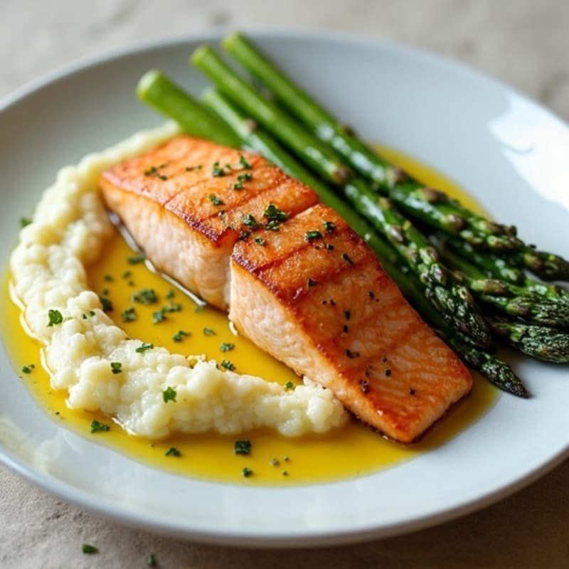 Seared Salmon with Roasted Asparagus and Garlic Cauliflower Mash