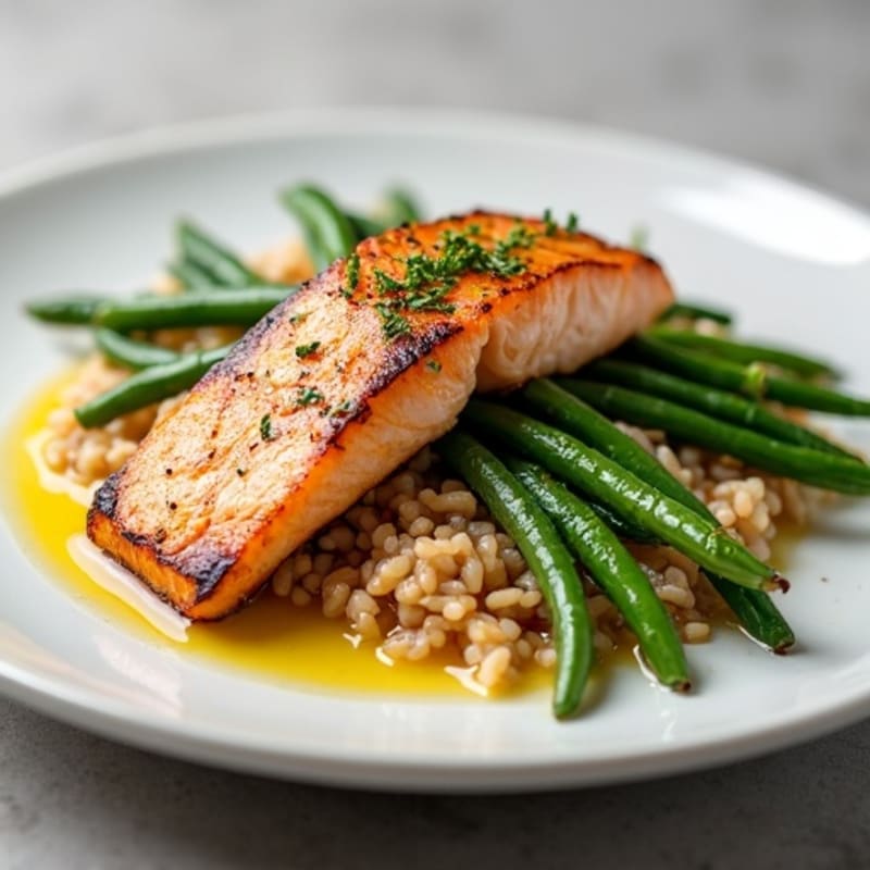 Seared Salmon with Garlic Green Beans and Brown Rice