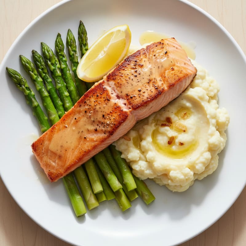 Seared Salmon with Steamed Asparagus and Garlic Mashed Cauliflower